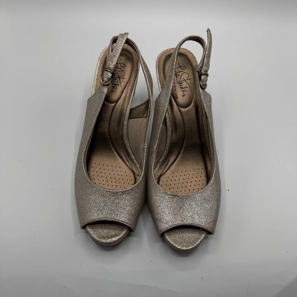 Life Stride Women's Metallic Open-Toe Slingback Heels - Champagne Gold